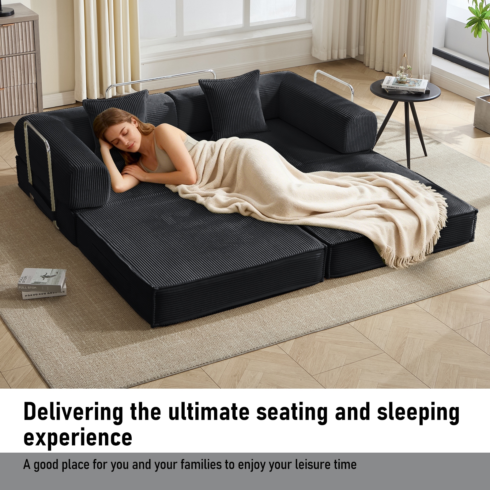 Convertible Sleeper Sofa Bed Modular Corduroy Couch With Pillows_voghion.com